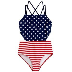 Kanu Surf Patriotic One Piece Swimsuit Stars Stripes Criss Cross‎ Back Size 12